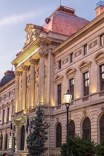 Romania, Bucharest. Coltea Hospital. Byzantine architecture, clock tower. Art Print